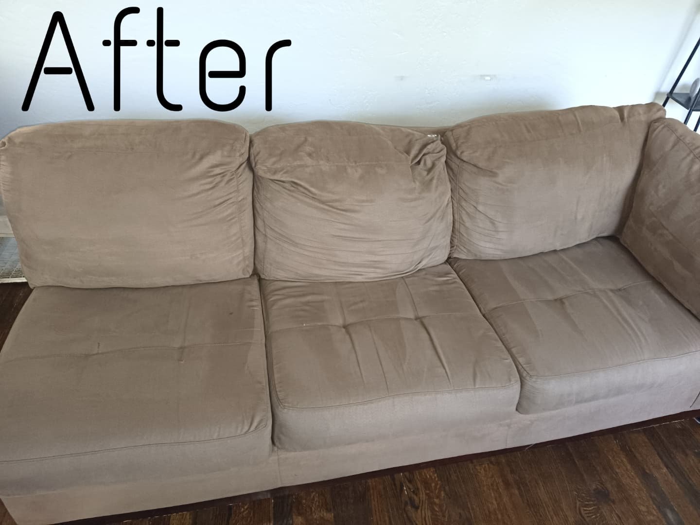 A photo of a freshly cleaned couch, cleaning lines visible.