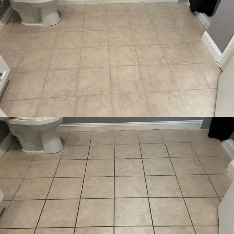 A before and after photo of tile and grout that has been cleaned, and restored.
