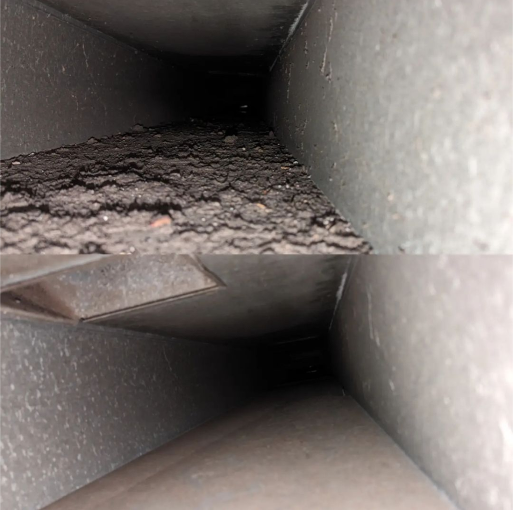 A photo of ductwork before and after cleaning